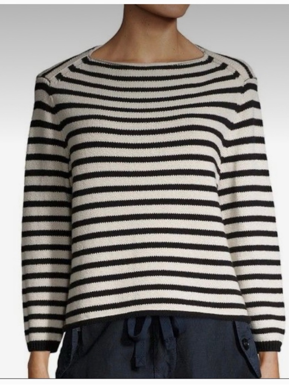 Vince Black and Cream Striped Knit Boatneck Nautical Cotton Sweater Size XS